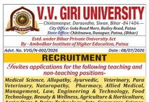 V.V. Giri University Recruitment 2026 – Faculty Recruitment, Siwan V.V. Giri University Recruitment 2026 – Faculty Recruitment, Siwan