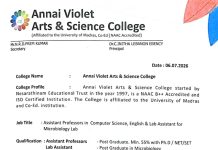 Annai Violet Arts & Science College Faculty Recruitment 2026, Chennai