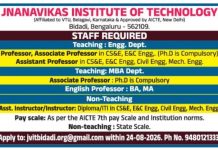 Jnanavikas Institute of Technology, Bangalore wanted Teaching Faculty