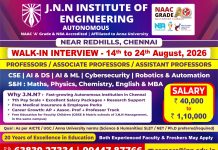 Faculty Vacancy at J.N.N Institute of Engineering, Chennai (Walk-in)