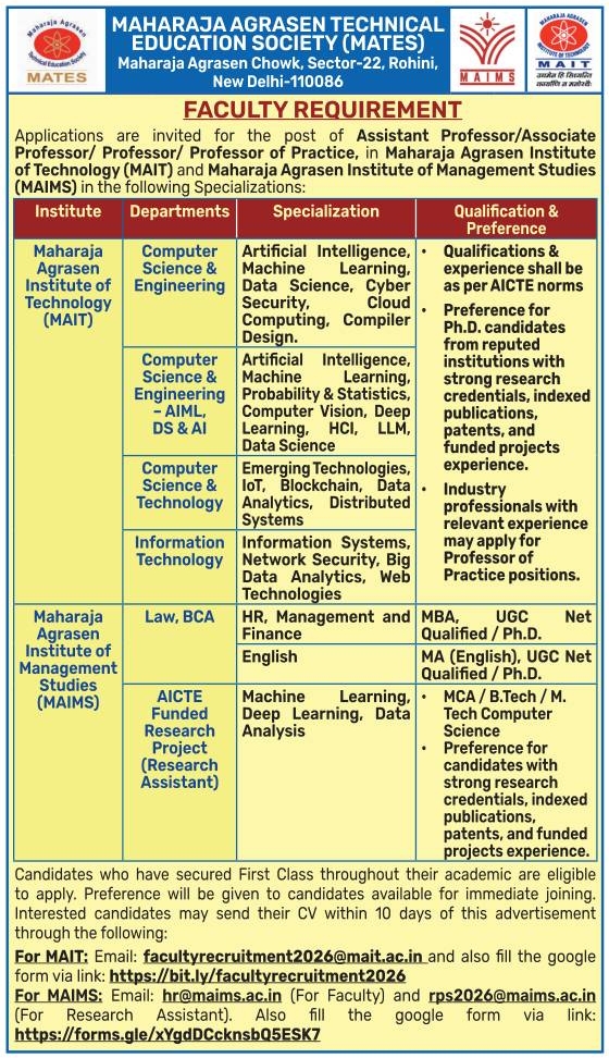 Faculty Recruitment at Maharaja Agrasen Institute of Technology and ...