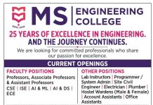 Faculty Recruitment at MS Engineering College, Bangalore
