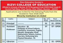 Rizvi College of Education Mumbai Wanted Assistant Professor