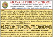 Aravali Public School, Haryana Wanted PGT/TGT/PRT/NTT Teachers and Non-Teaching Staff