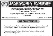 Faculty Recruitment 2026 at Dhanekula Institute of Engineering & Technology, Vijayawada