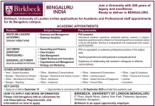 Birkbeck, University of London, Bangalore wanted Teaching and Non-Teaching Faculty