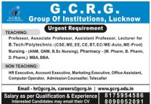 G.C.R.G Group of Institutions, Lucknow Wanted Teaching and Non-Teaching Faculty