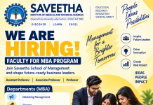 MBA Faculty Recruitment at Saveetha School of Management, Chennai