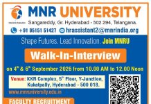 Walk-in Interview for Faculty Recruitment at MNR University, Hyderabad (4th and 6th September 2026)