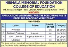 Nirmala Memorial Foundation College of Education, Mumbai wanted Teaching Faculty