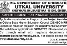 Utkal University, Bhubaneswar Wanted Project Assistant