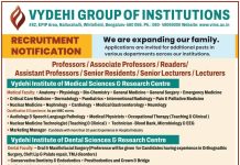 Vydehi Group of Institutions, Bengaluru – Professors/ Associate Professors/ Assistant Professors/ Senior Residents