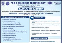 Faculty Jobs 2026 at PSG College of Technology, Coimbatore