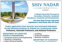 University Faculty Jobs 2026 at Shiv Nadar University Chennai, Chengalpattu