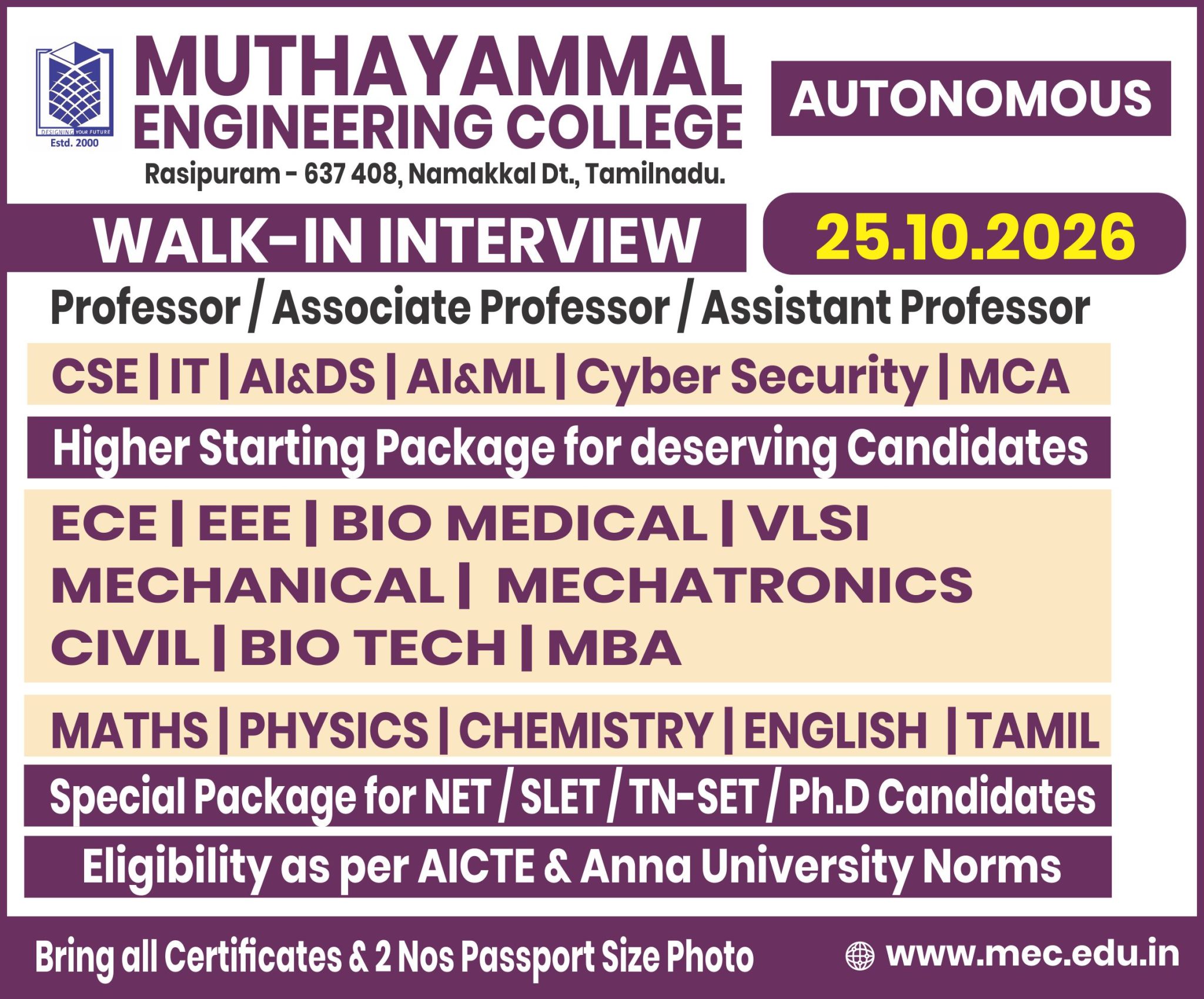 College For Computer Engineering Faculty Jobs 2026 at Muthayammal Engineering College(Autonomous ...