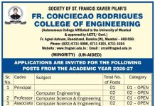 Fr. Conceicao Rodrigues College of Engineering, Mumbai, Wanted Professor/ Associate Professor/ Assistant Professor