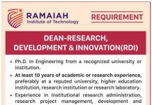 Ramaiah Institute of Technology, Bangalore wanted Dean – Research, Development & Innovation (RDI)