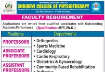 Shridevi College of Physiotherapy, Tumakuru, Karnataka wanted Teaching Faculty