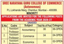 Sree Narayana Guru College of Commerce, Mumbai – Teaching faculty Recruitment