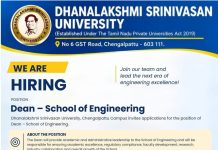 Dean and Assistant Professor Openings 2026 at Dhanalakshmi Srinivasan University, Chengalpattu